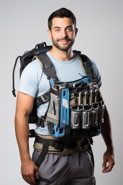 Ein lächelnder Mann mit Werkzeuggürtel und Rucksack