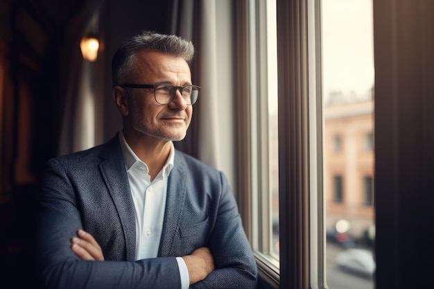 Ein lächelnder reifer Mann mit im Anzug verschränkten Armen am Fenster eines Büros. Generative KI AIG21