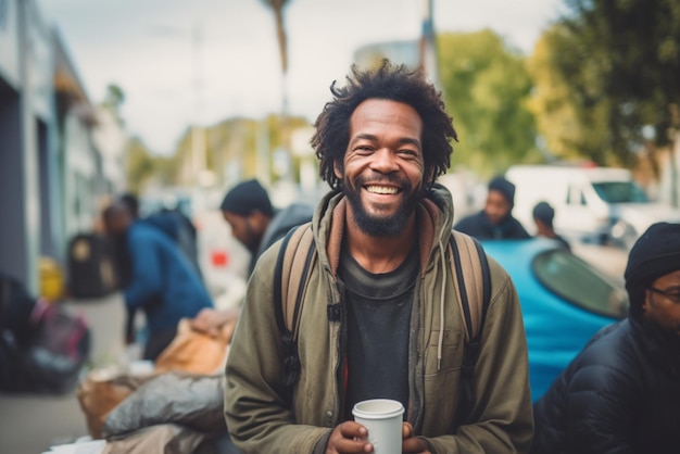 Ein lächelnder schwarzer Obdachloser isst tagsüber kostenloses Essen in einer Straßenkantine
