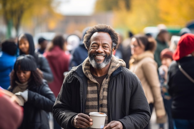 Ein lächelnder schwarzer Obdachloser isst tagsüber kostenloses Essen in einer Straßenkantine