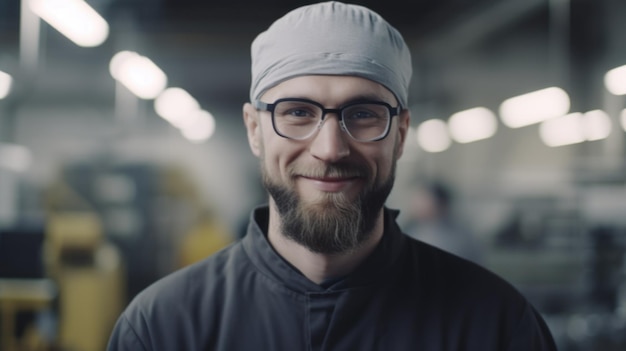 Ein lächelnder schwedischer Arbeiter in einer Elektronikfabrik, der in der Fabrik steht