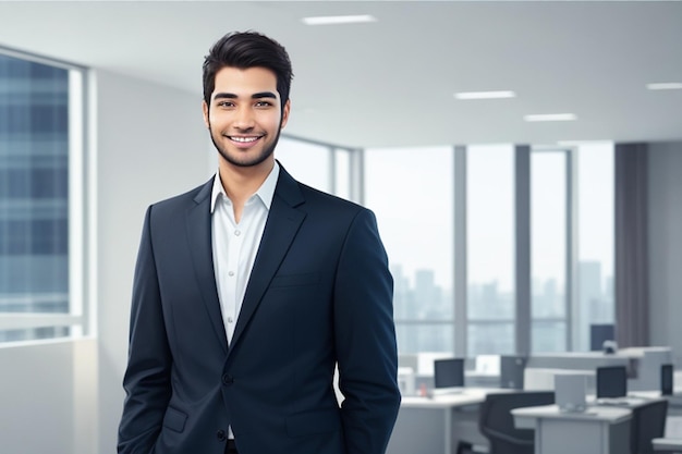 Ein lächelnder, selbstbewusster junger Geschäftsmann, der in das Büro steht und in die Kamera schaut.