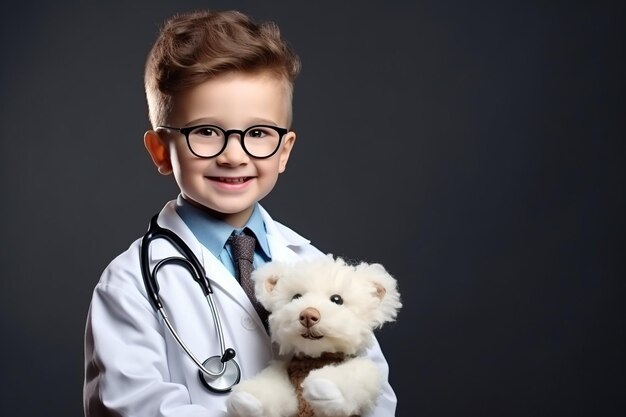 Ein lächelnder süßer Junge mit Brille und weißer Mantel, Uniform mit Stethoskop, der sich als Arzt vorstellt, der sich in die Kamera schaut, mit flauschigem Spielzeug spielt, Patienten, Kinder, Gesundheitswesen.