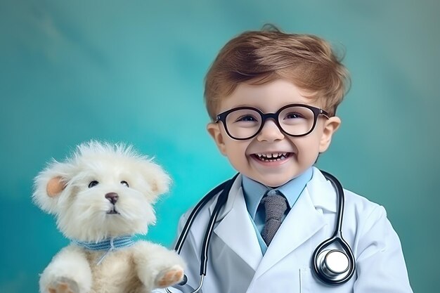 Ein lächelnder süßer Junge mit Brille und weißer Mantel, Uniform mit Stethoskop, der sich als Arzt vorstellt, der sich in die Kamera schaut, mit flauschigem Spielzeug spielt, Patienten, Kinder, Gesundheitswesen.