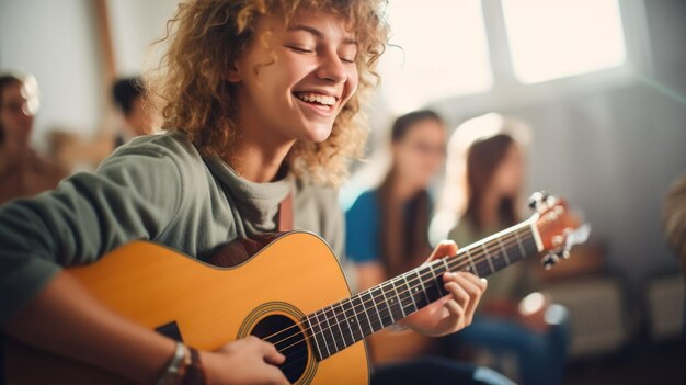 Foto ein lächelnder teenager, der in einem sonnendurchfluteten raum eine akustikgitarre spielt