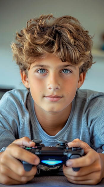 Ein lächelnder Teenager spielt zu Hause ein Videospiel