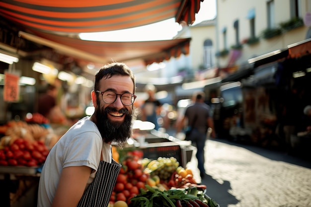 Ein lächelnder Verkäufer steht an einem Gemüsestand auf einem Straßenmarkt