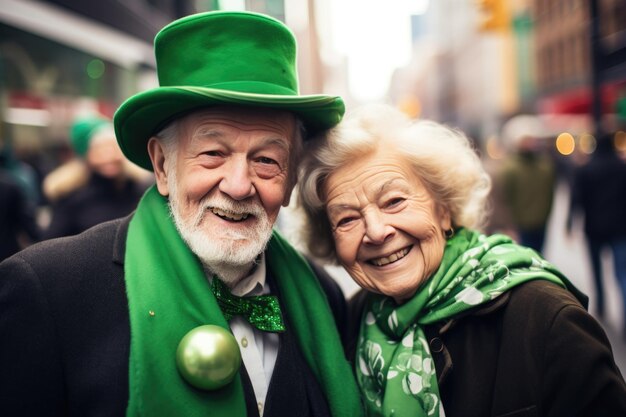 Foto ein lächelndes älteres mann und eine ältere frau umarmen den geist des st. patrick's day in ihren leprechaun-hüten und festlichen kleidern, die dem stadtbild einen hauch zeitloser freude hinzufügen.
