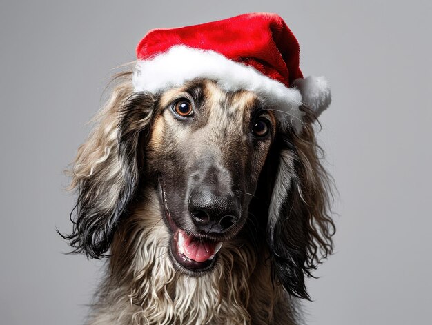 Ein lächelndes afghanisches Hund mit Weihnachtshutporträt