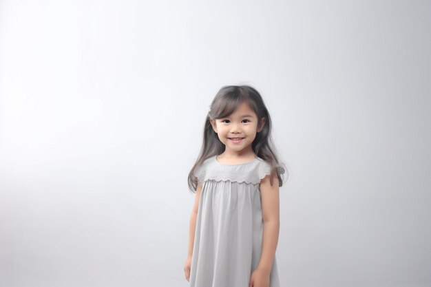 Ein lächelndes asiatisches Mädchen trägt ein graues Outfit auf einem weißen Hintergrund