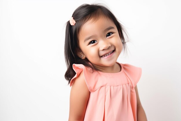 Ein lächelndes asiatisches Mädchen trägt ein rosa Outfit auf einem weißen Hintergrund