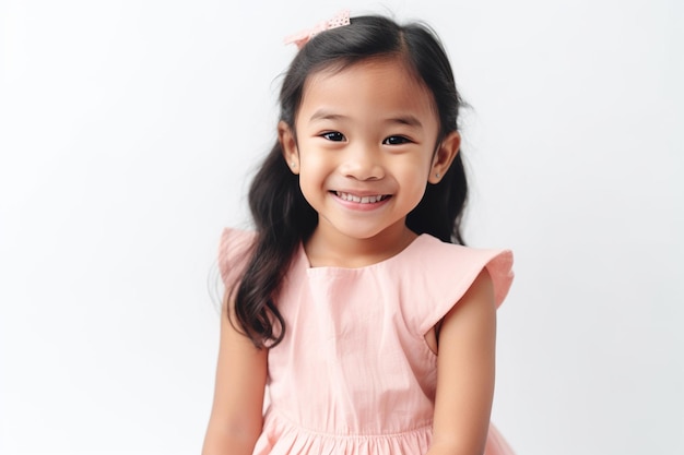 Ein lächelndes asiatisches Mädchen trägt ein rosa Outfit auf einem weißen Hintergrund