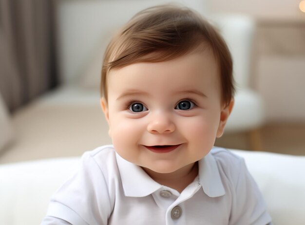 Ein lächelndes Baby in weißem Hemd zu Hause