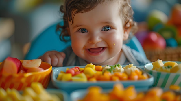 Ein lächelndes Baby, während es eine Mahlzeit voller Obst und Gemüse isst