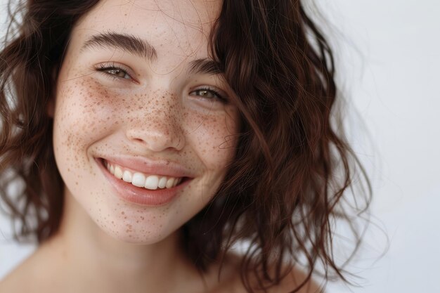 Foto ein lächelndes brünettes lateinisches mädchen eine glückliche hübsche junge erwachsene frau mit freckles auf ihrem gesicht starrt