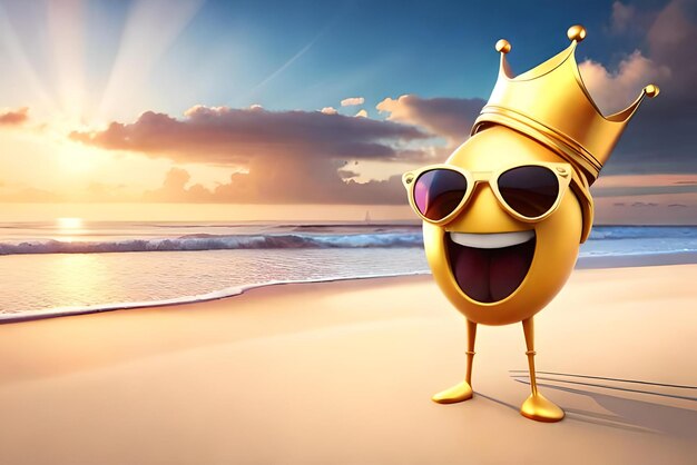 ein lächelndes Emoji mit goldener Sonnenbrille und einer königlichen Krone 3D-Illustration