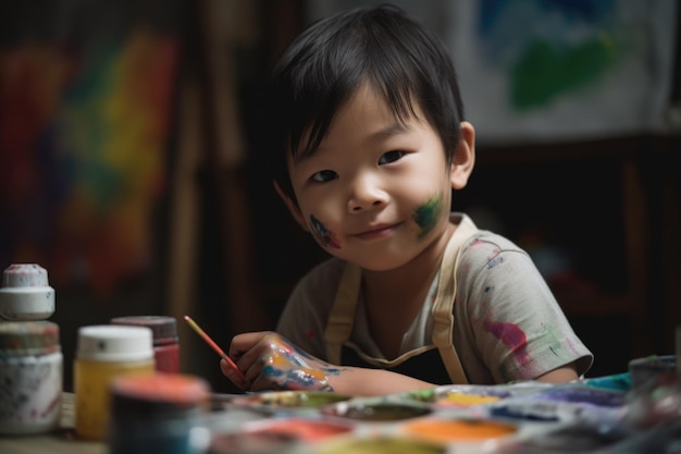 Foto ein lächelndes, glückliches asiatisches kind im vorschulalter nimmt an einer malaktivität teil.