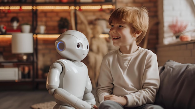 Ein lächelndes Kind engagiert sich mit einem modernen KI-Roboter in einer gemütlichen häuslichen Umgebung Technologie und Freundschaft KI