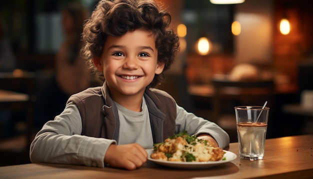 Ein lächelndes Kind genießt eine Mahlzeit und schaut in die Kamera in einer gemütlichen Küche, die von künstlicher Intelligenz erzeugt wurde