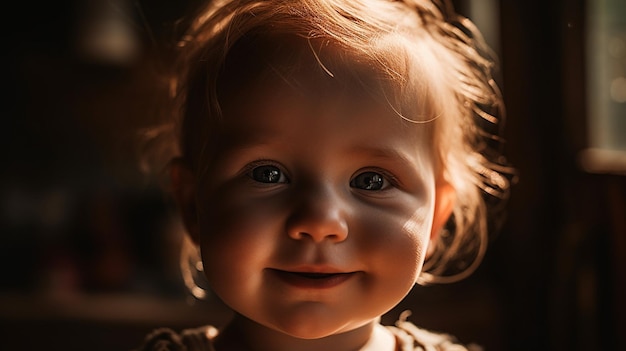 Ein lächelndes Kind in einem dunklen Raum