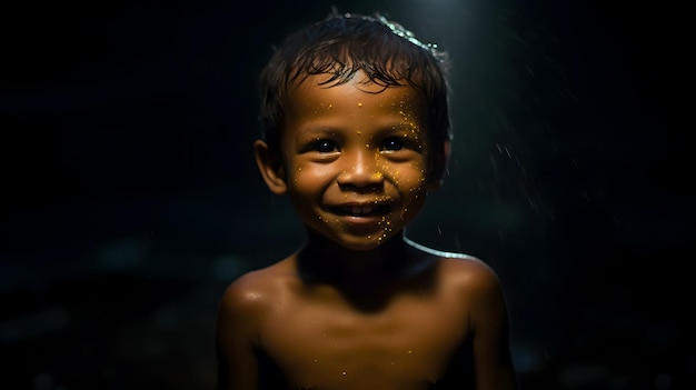 Ein lächelndes Kind in einem dunklen Raum