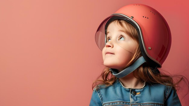 Ein lächelndes kleines Mädchen mit einem Motorradhelm auf einem isolierten Hintergrund