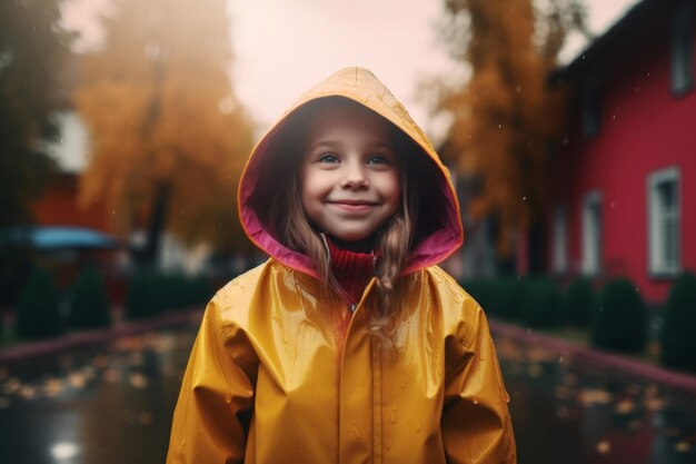 Ein lächelndes kleines Mädchen trägt einen herbstlichen wasserdichten Regenmantel