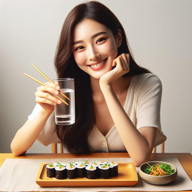 Ein lächelndes koreanisches Mädchen isst Kimbap