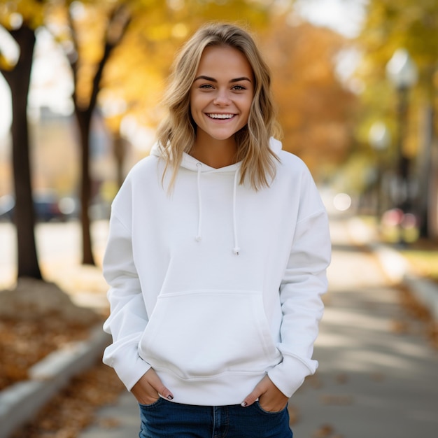 ein lächelndes Mädchen, das ein leeres weißes Sweatshirt trägt 2