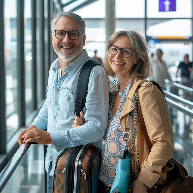 Foto ein lächelndes paar erwachsener älterer menschen im flughafengebiet für die ankunft oder abreise