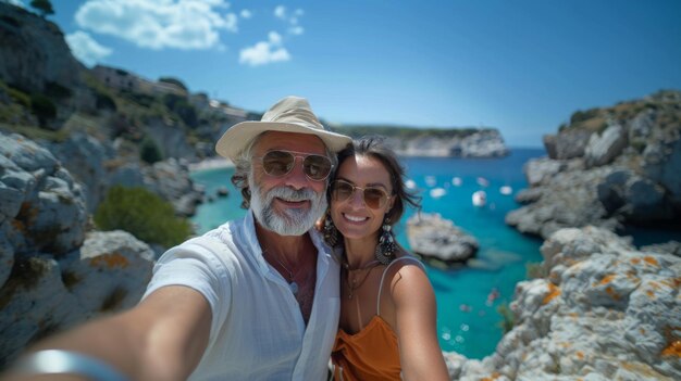 Ein lächelndes Paar macht an einem sonnigen Tag ein Selfie am Meer