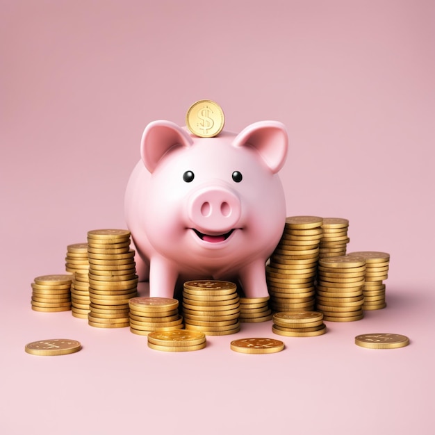 Ein lächelndes rosa Schweine-Schweinchen neben einem Stapel Goldmünzen
