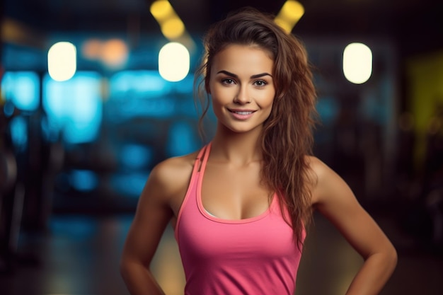 Ein lächelndes, schönes, sehr süßes, fites Mädchen steht im Fitnessstudio