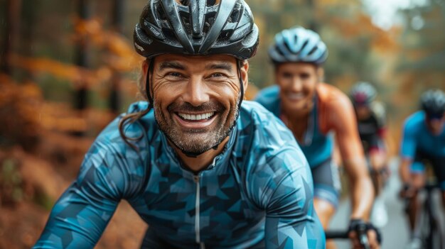 Ein lächelndes, sportliches Paar fährt am Wochenende mit dem Fahrrad durch den Herbstwald