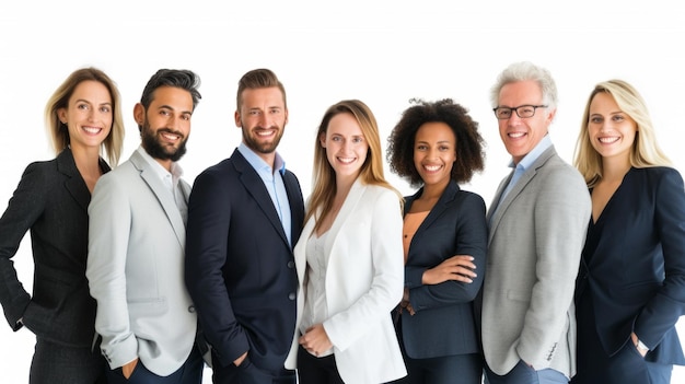 Ein lächelndes Team verschiedener Geschäftsleute auf weißem Hintergrund