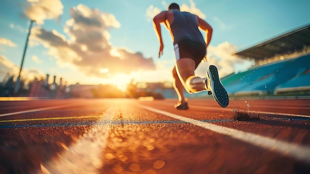 Ein Läufer nimmt an einem Leichtathletikrennen teil. Er läuft abends und die Sonne geht hinter ihm unter.