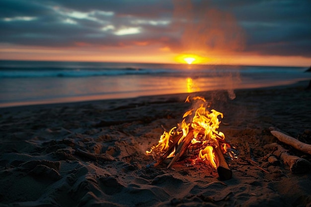 ein Lagerfeuer am Strand mit dem Sonnenuntergang im Hintergrund