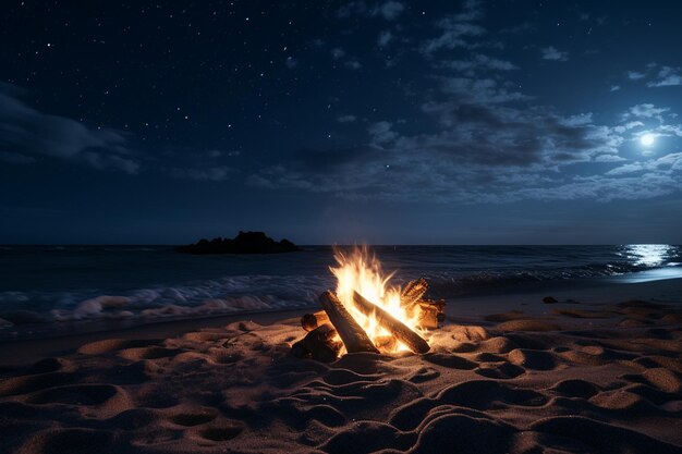 Ein Lagerfeuer am Strand unter einem Sternenhimmel und dem Glow 00004 02