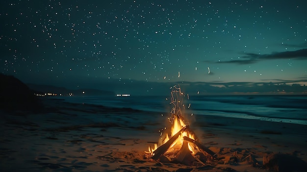 Ein Lagerfeuer brennt nachts am Strand, der sternenreiche Himmel spiegelt sich im Wasser wider, die Wellen klatschen sanft am Ufer.