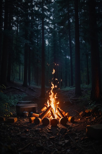 Ein Lagerfeuer im Wald, Hintergrund im Ölgemälde-Stil