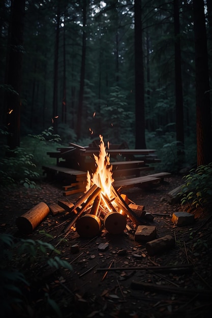 Ein Lagerfeuer im Wald, Hintergrund im Ölgemälde-Stil