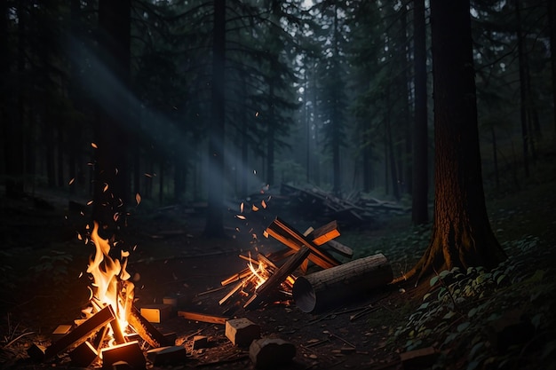 Ein Lagerfeuer im Wald, Hintergrund im Ölgemälde-Stil