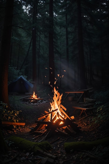 Ein Lagerfeuer im Wald, Hintergrund im Ölgemälde-Stil