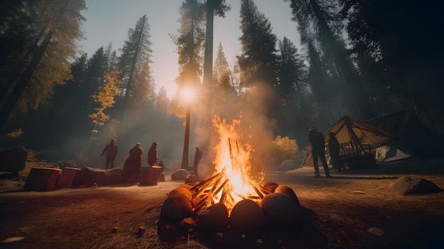 Ein Lagerfeuer im Wald mit einem Wald im Hintergrund