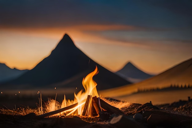 Ein Lagerfeuer mit Bergen im Hintergrund