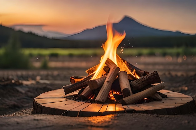 Ein Lagerfeuer mit einem Berg im Hintergrund