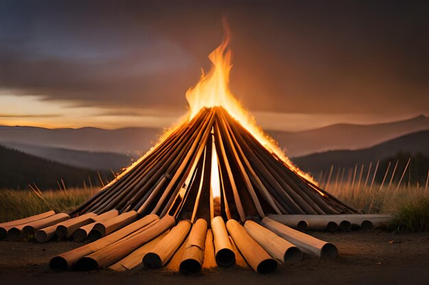 ein Lagerfeuer mit einem Sonnenuntergang im Hintergrund