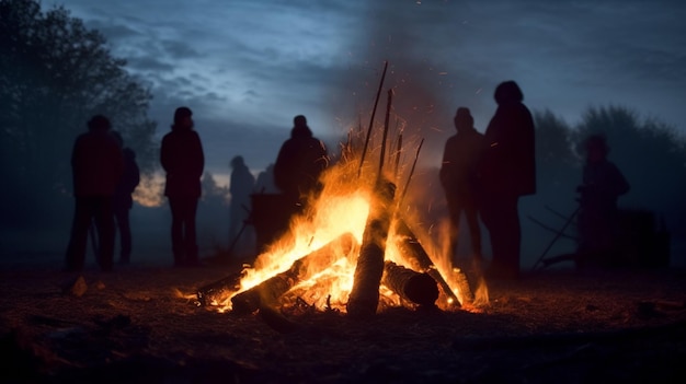 ein Lagerfeuer mit Menschen drumherum und ein Lagerfeuer im Hintergrund.