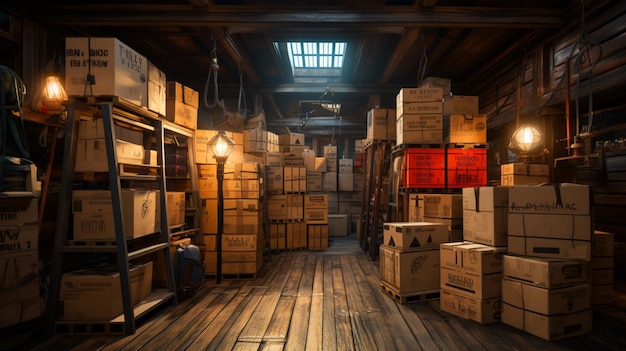 Ein Lagerraum mit Kisten, die für verschiedene Kategorien von Gegenständen mit Lichtansicht gekennzeichnet sind