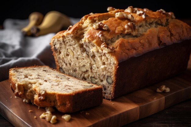 Ein Laib Bananenbrot mit Walnüssen drauf.